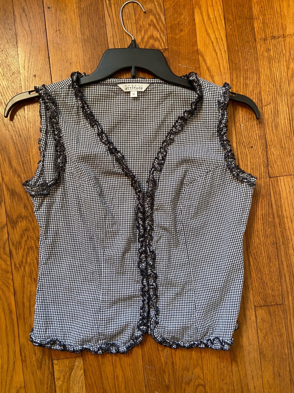 Black & White Gingham Ruffle-Trim Sleeveless Top